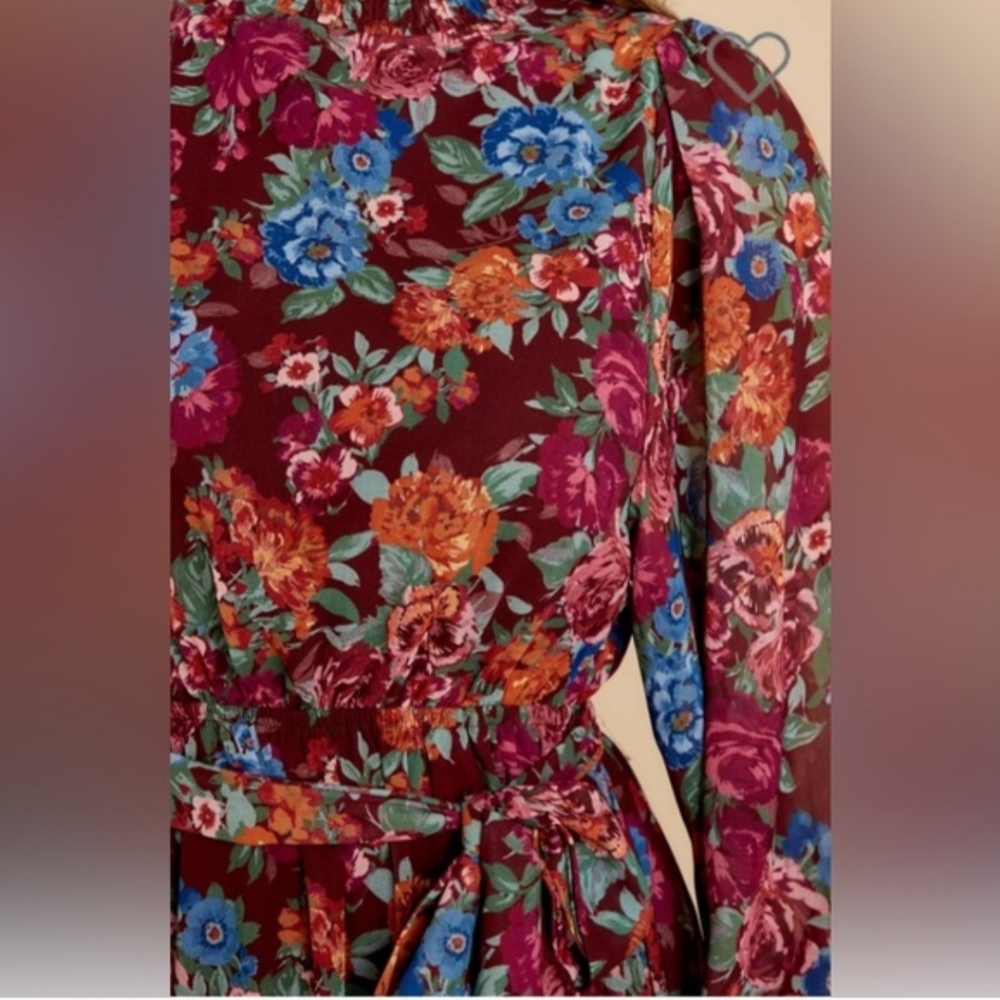 AURA Floral Maxi Dress Burgundy Boho Mock Neck Lantern Sleeve Tiered Belted L - Picture 3 of 11